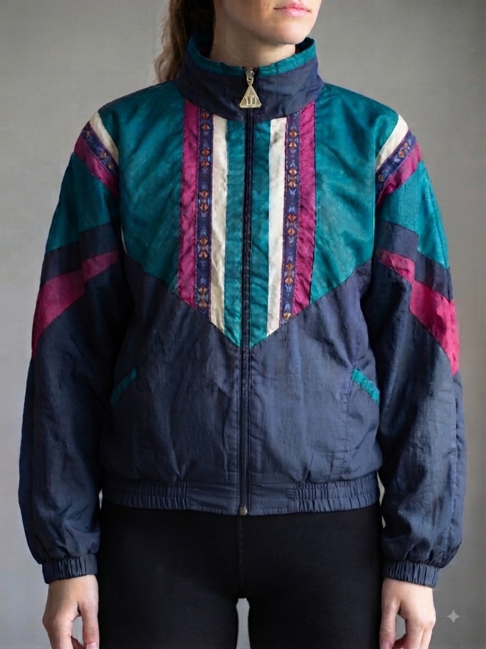 VINTAGE Retro Colorblock Bomber Windbreaker Jacket Teal, Navy & Magenta 80s 90s